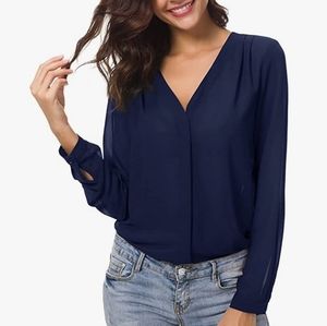 Urban Coco Sheer Chiffon V-neck Buttondown Blouse Navy Medium
